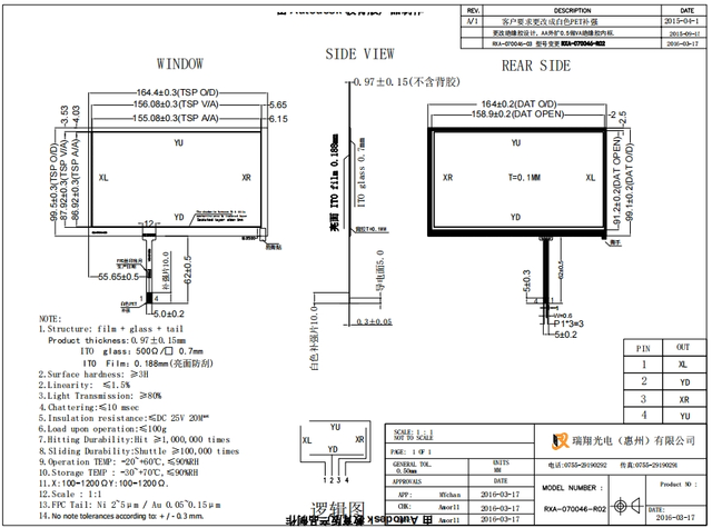 Touch screen resistivo LCD da 7 pollici a 4 fili Touch screen Trasmittanza luminosa 80% RXA-070046-R02