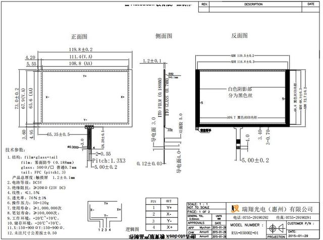 5 インチ 4 線式抵抗膜タッチ スクリーン パネル RXA-050002-01
